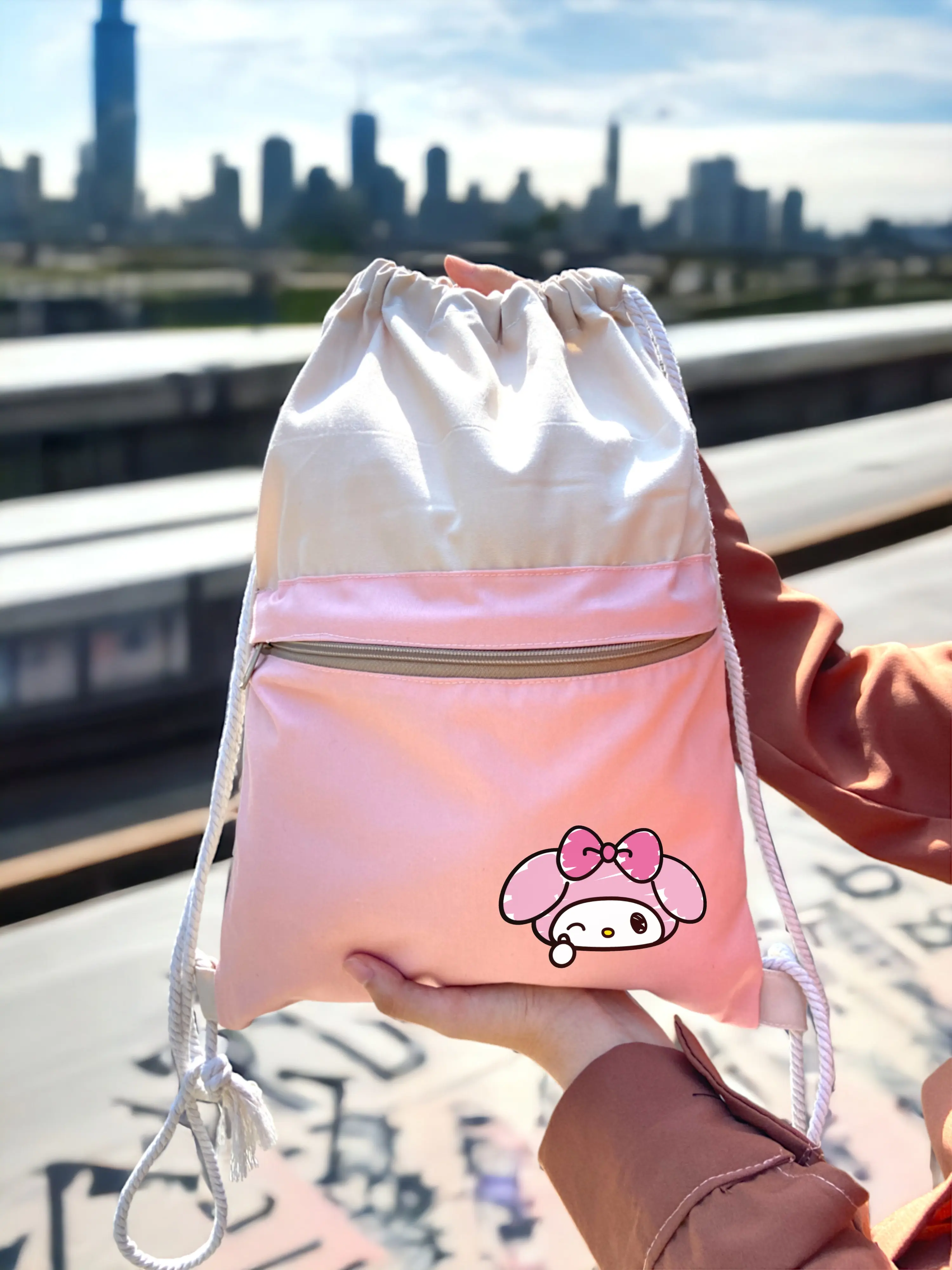 SIMPLYPOP Stringbag Saku NAOMI TWO TONE MOTIF MY MELODY kombinasi motif tas ransel serut drawstring perjalanan travel olahraga sekolah kuliah kampus Wanita Pria