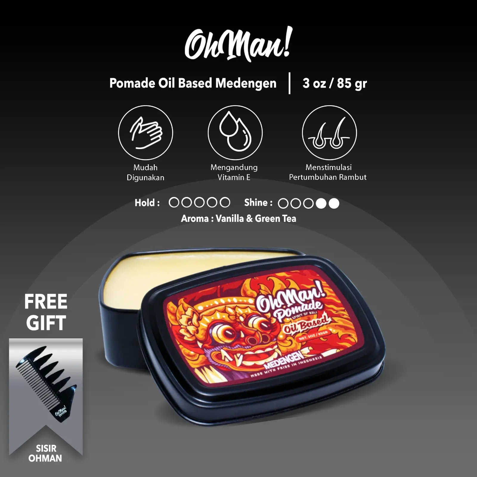 Oh Man! Pomade Medengen Wax Based 85GR FREE SISIR HITAM minyak  rambut