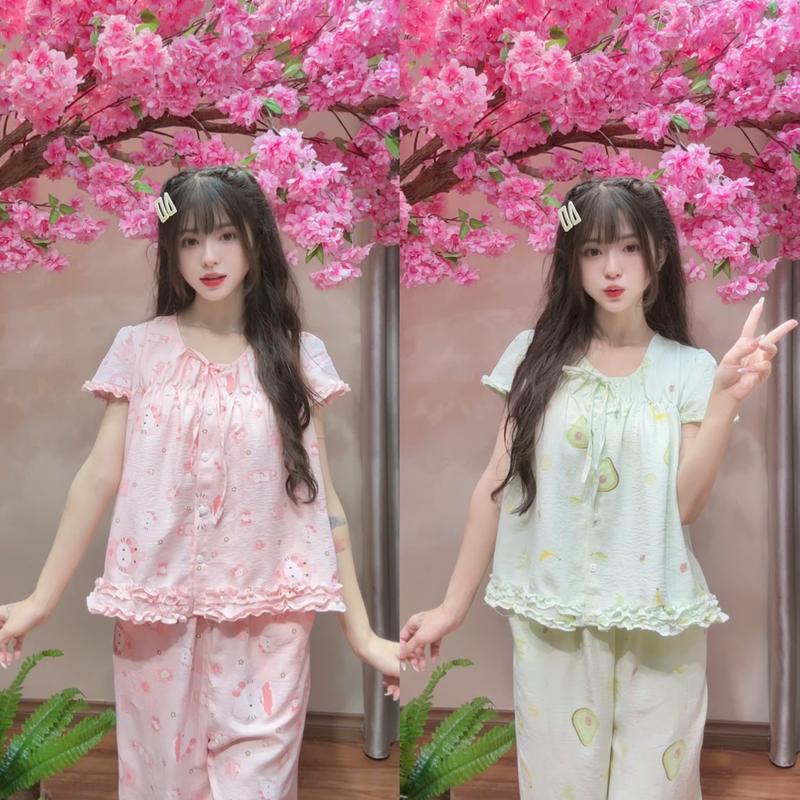 Kozoda Đồ Ngủ Đũi Vân Mây BN67 Họa Tiết Hoạt Hình Trơn Dễ Thương Size S & M Thoải Mái Đồ Bộ Nữ Mặc Ở Nhà Đi Chơi Chất Liệu Mềm Mại