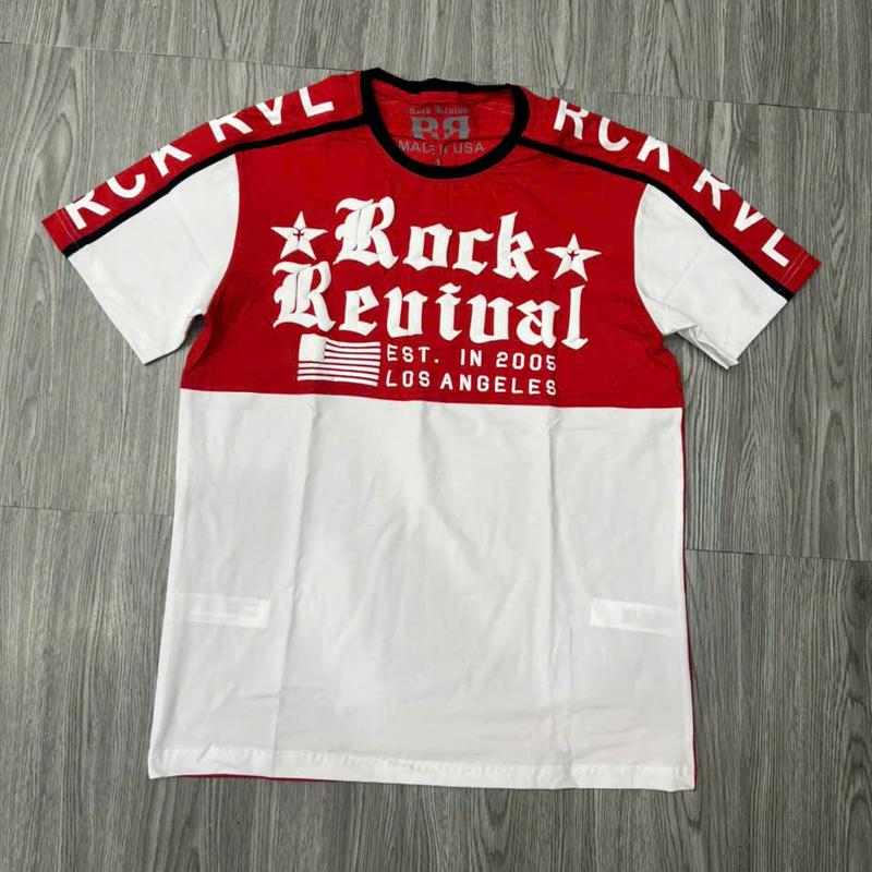 Áo thun rock revival cao cấp màu đỏ  phối trắng vai dập chữ