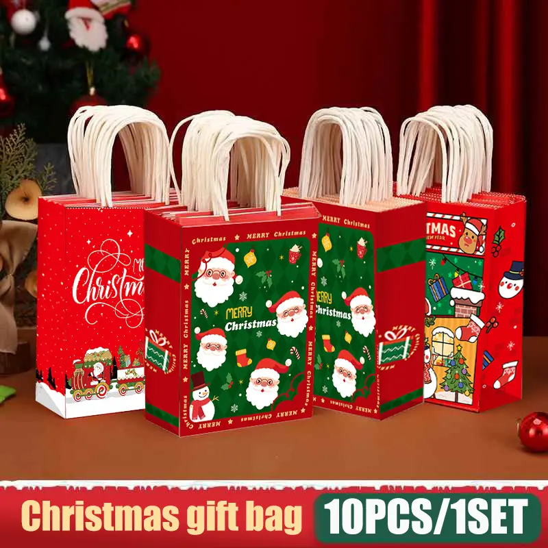10PCS/1SET Merry Christmas Red Gift Bags Holiday Paper Bags with Tote Handles Thickened Santa paper bag for christmas Red Green Seasonal Celebrations 8