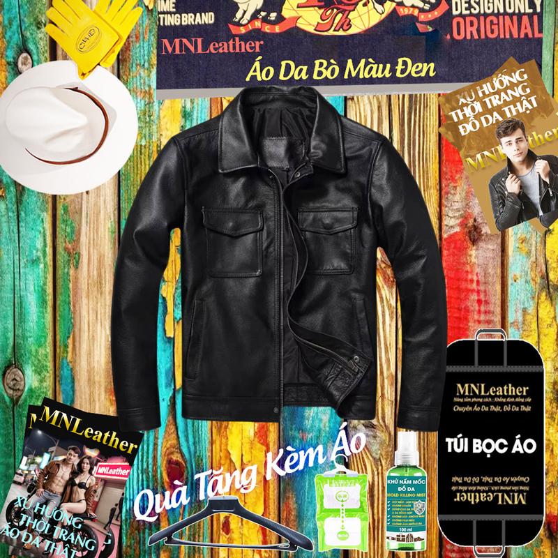 MNLeather Áo Khoác Da Bò Thật Cổ Bẻ Màu Đen Túi Hộp Ngực Frill Size S- XL Phong Cách Sang Trọng Thanh Lịch Cho Nam