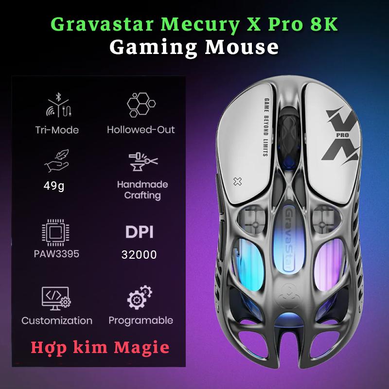  Chuột Gaming GravaStar - 3 Mode kết nối - Cảm biến PAW3395 3950 Max 32,000 DPI - Return Rate Max8K - Thiết kế lỗ rỗng thoáng khí - Vỏ Chất liệu Magie siêu nhẹ - BH 12 Tháng 
