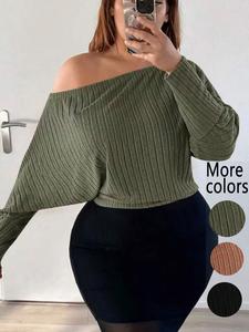 【Talla Grande】1 Pieza Suéter de Tejido de Punto con Hombros Descubiertos, Estilo Suelto y Moderno de Tik Tok, Manga Murciélago y Diseño Corto, Cómodo y a la Moda, Perfecto para el Uso Diario y Look de Citas de las Fashionistas de Talla Grande