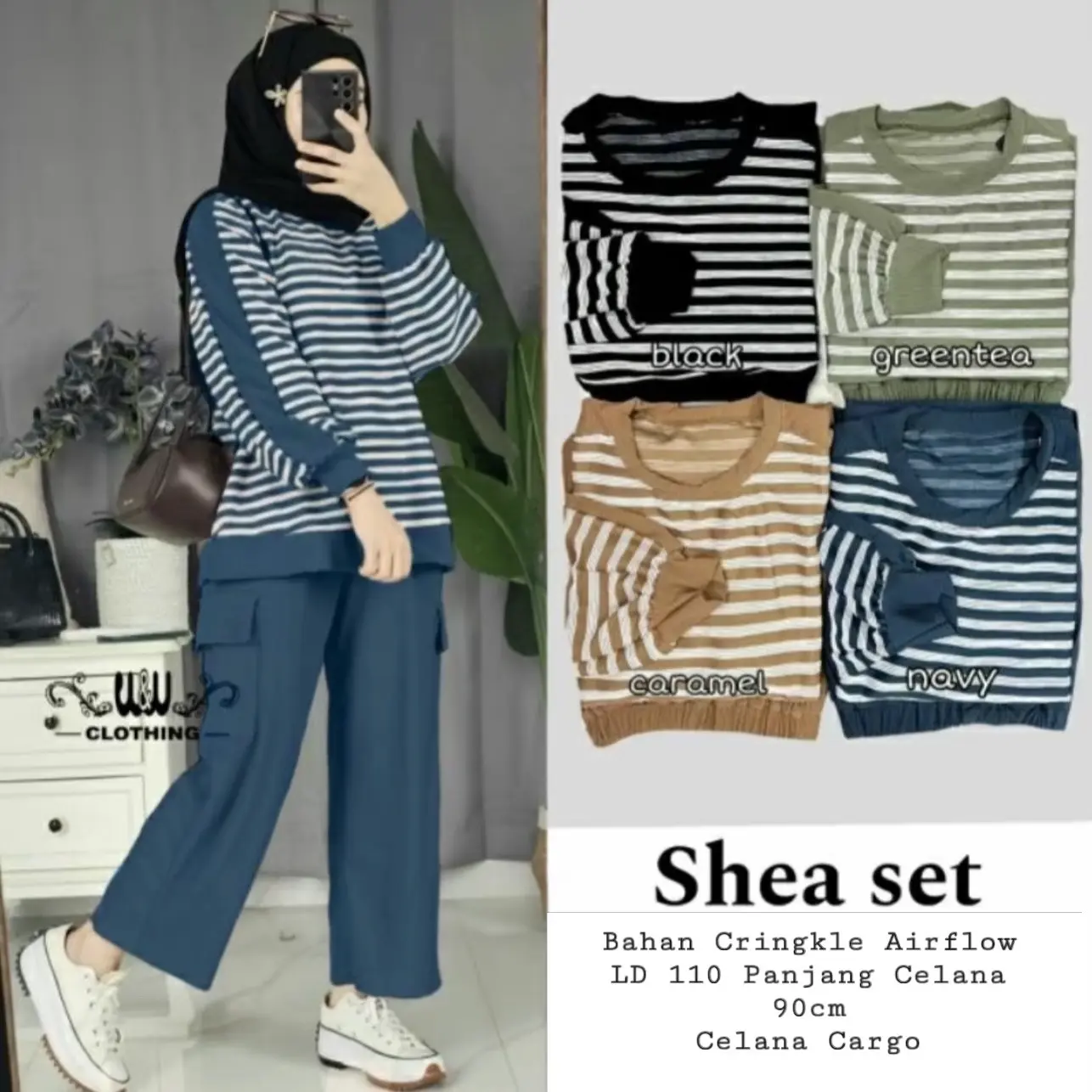 Shea Set Kombinasi Cringkle Celana Cargo Wanita/Setelan Wanita Kekinian Muslimah Lengan Panjang Airflow Kantong