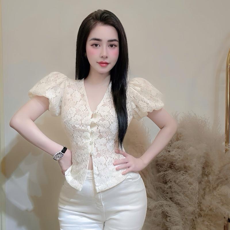  Áo Sơmi Ren Hoa Nữ Tay Bồng Lót Lưới Khuy Ngọc LP19 