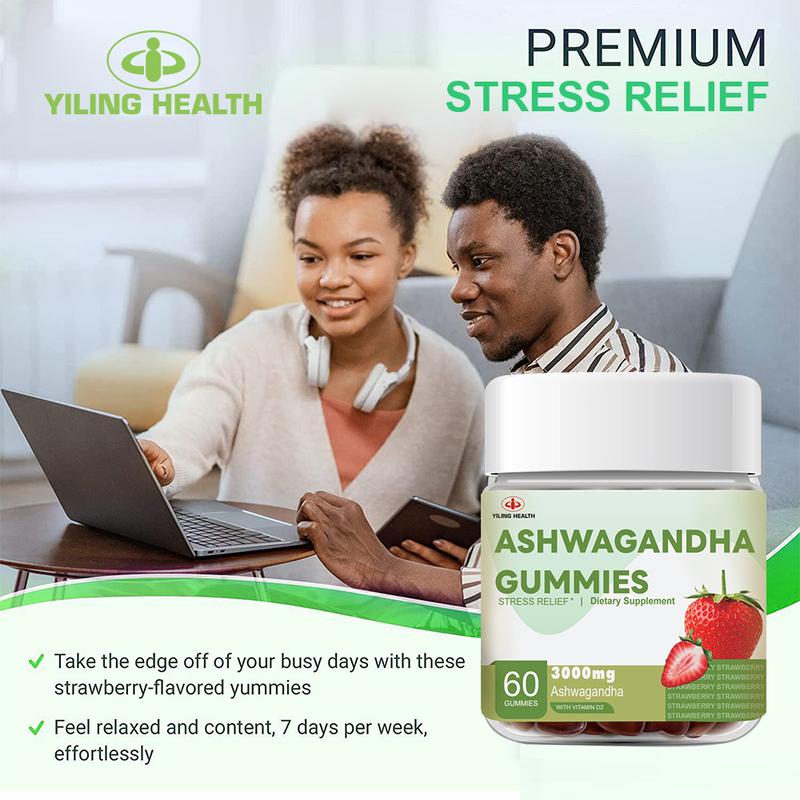 Kẹo cao su Ashwagandha, Yiling, 3000 mg Chiết xuất gốc Ashwagandha có hiệu lực cao, với Vitamin D2, dành cho nam và nữ, Hương vị dâu tây, 60 Đếm (Gói 1) kẹo  dẻo 3