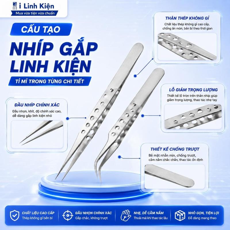 Nhíp gắp linh kiện điện tử màu trắng thép không gỉ dạng lỗ cao cấp