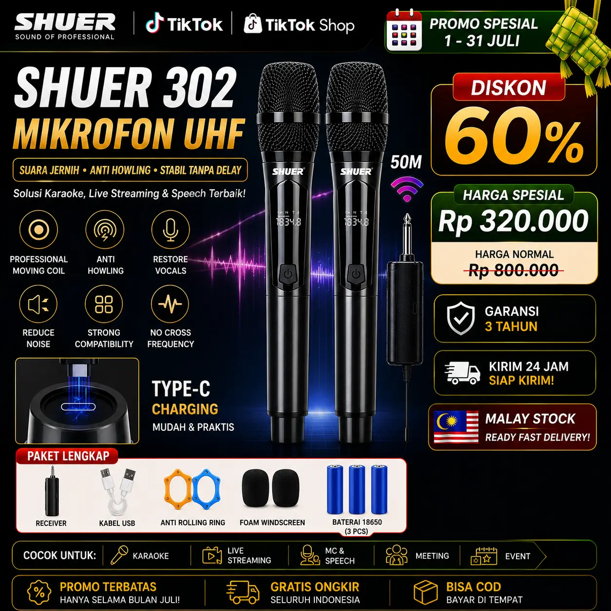 (Hadiah Gratis) SHURE SM-302 Mikrofon Nirkabel Karaoke Profesional - Anti-Interferensi Kuat! Sinyal Super Stabil Jarak 50M, Kualitas Tinggi Logam Cocok untuk KTV, Pesta, Pertunjukan & Bisnis!