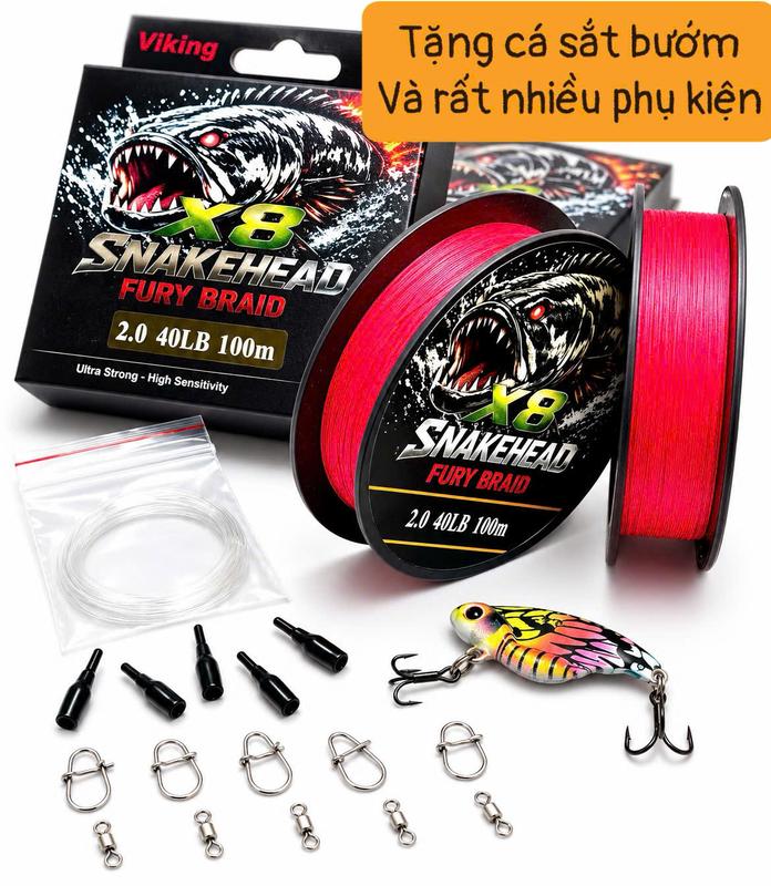 Dây Dù PE X8 Snakehead Viking , Dây Không phai màu , không thấm nước , siêu mịn , Tặng kèm cá sắt bướm & phụ kiện