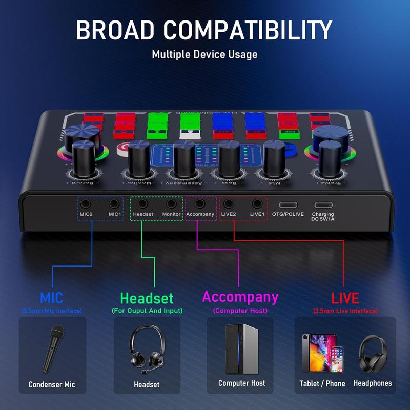 Professional Podcast Equipment Kit, Sound Card Kit, Microphone Kit, Live Broadcast Equipment for Music, Singing, Games, Live Broadcasting, Audio Interface 5