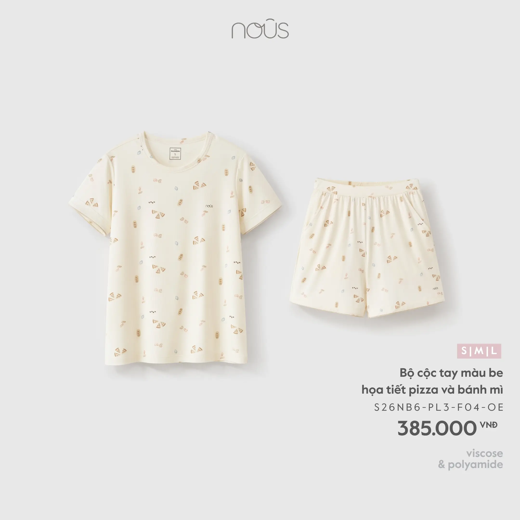 Bộ cộc tay màu be họa tiết pizza và bánh mì Nous