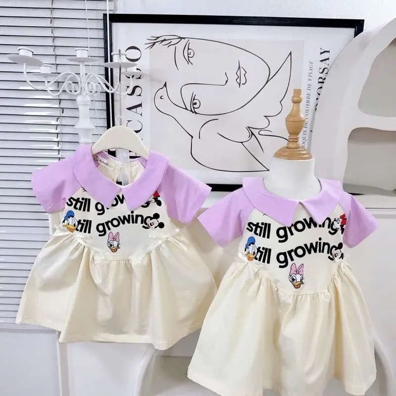 (Mẹ Kem Bean ) Váy polo cổ bẻ tím in hoạ tiết đáng yêu cho bé 6-30kg , váy bé gái mặc đi học , váy bé gái đi chơi 6