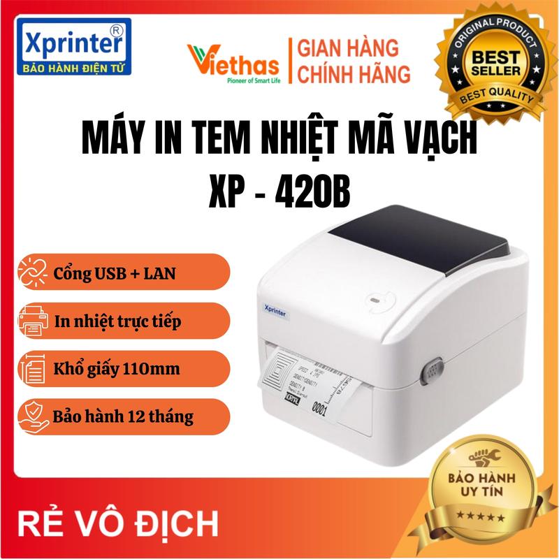 VIETHAS - Máy In Tem Nhiệt Mã Vạch Xprinter XP-420B Kết Nối Cổng USB LAN In Đơn Hàng TMĐT (Khổ A6/A7)