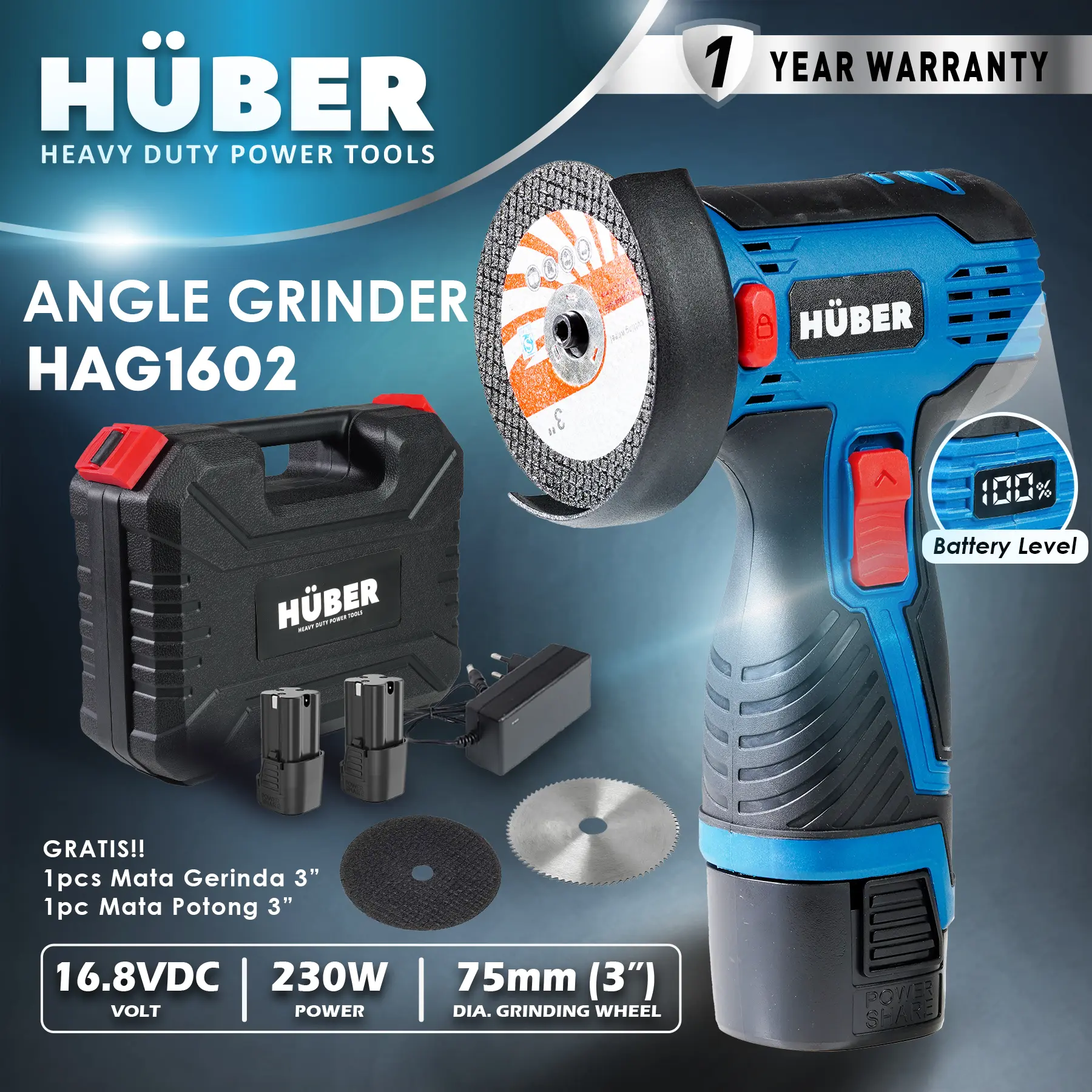 HUBER HAG1602 Mesin Gerinda Tangan Angle Grinder Baterai Cordless Battery 16.8V DC 230W Mesin Potong Besi