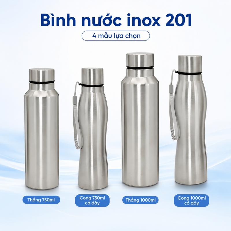 Bình Nước Inox 201 750ml 1000ml Dáng Thẳng Dáng Cong Có Dây Đeo Cho Học Sinh Sinh Viên Văn Phòng