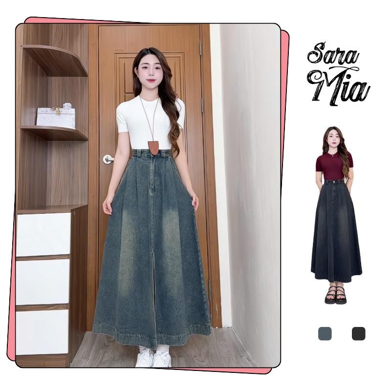 Chân váy jean SARAMIA dáng dài xẻ tà trước váy bò màu xanh xám xoè cạp cao V18