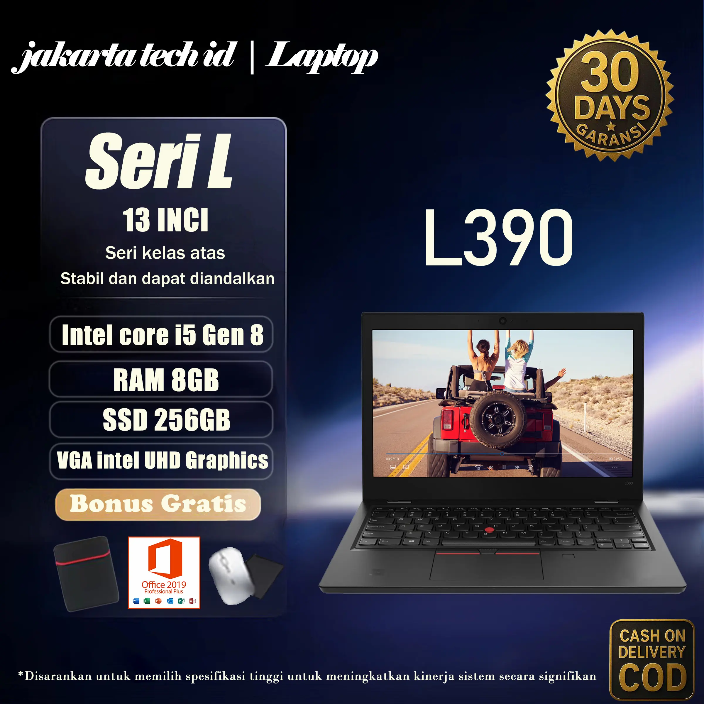 Laptop seri L380 dan L390 Intel core i5 Gen 8  RAM 16GB Windows  11 Pro screen 13 inci