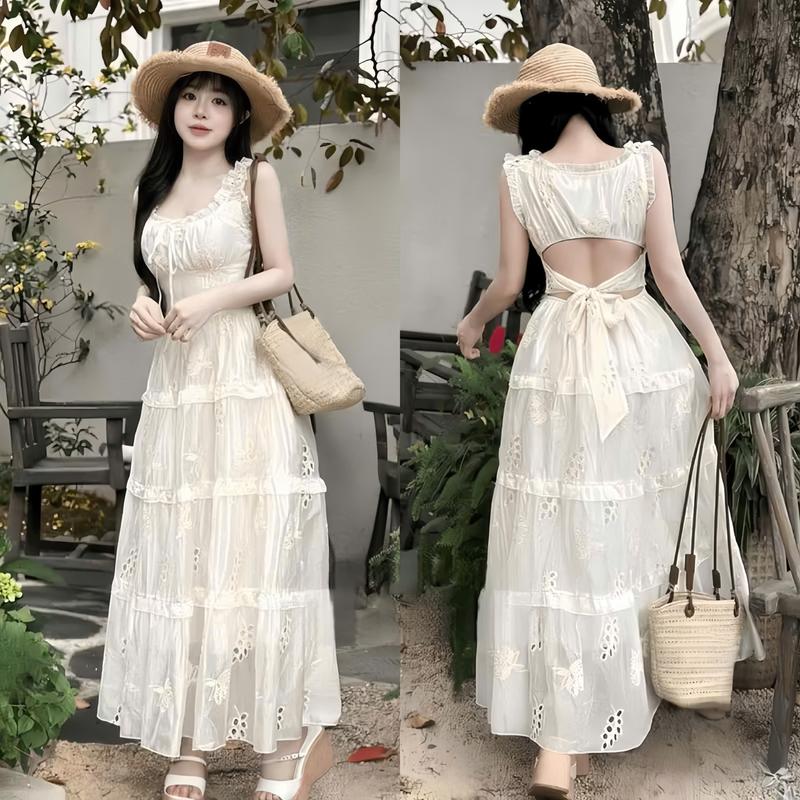  KEELIN BEAUTY Váy đầm maxi 2 dây chất thô boi mềm đi biển buộc nơ lưng dáng dài 3 tầng bèo xinh xắn cho phong cách thời trang nữ tính 