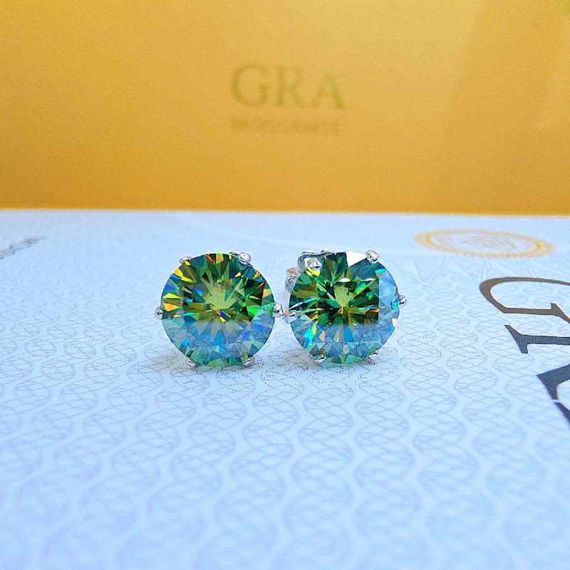  B044 - Bông tai nụ  đá chủ MOISSANITE XANH LÁ 8MM . Chất liệu bạc ý xi bạch kim 