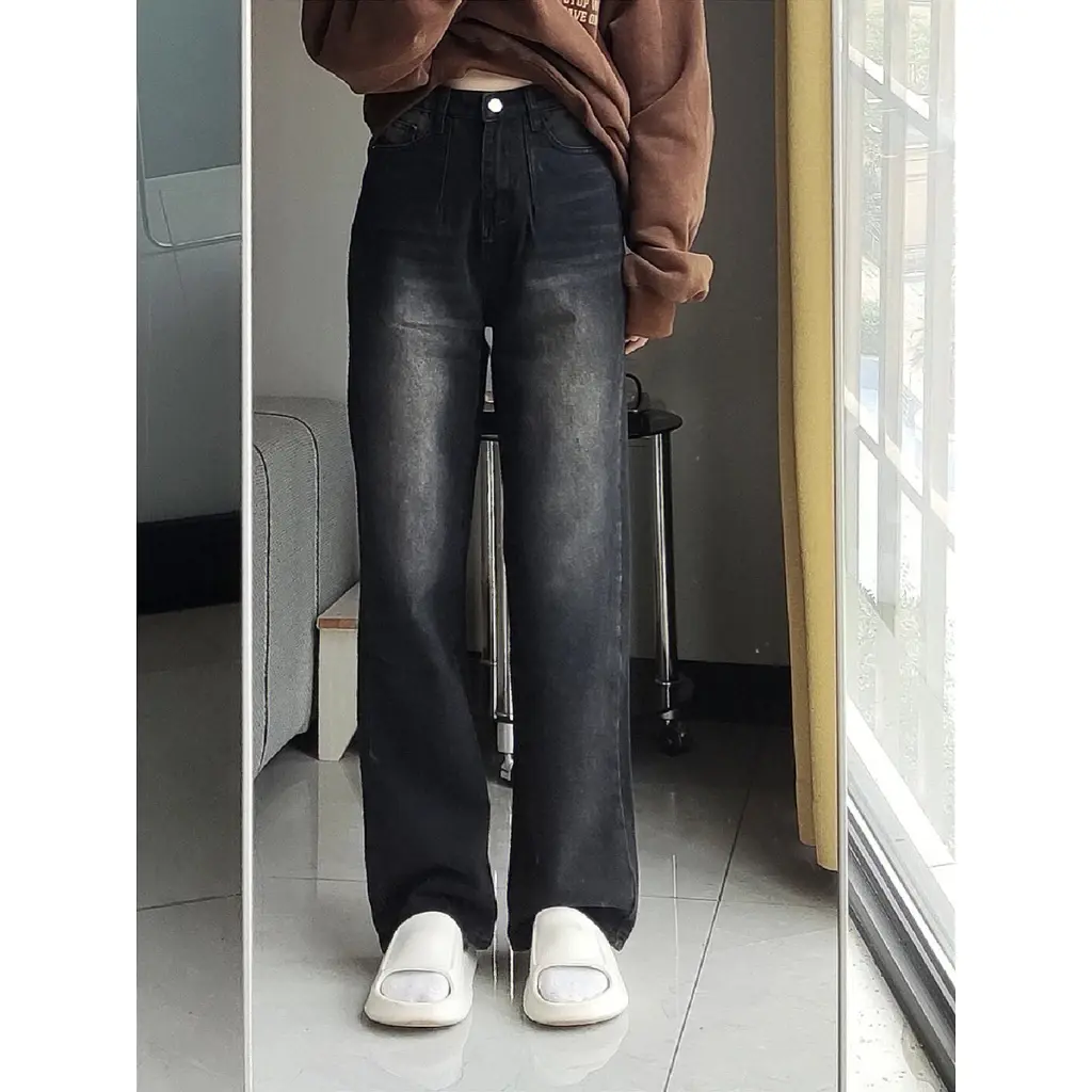 Abu abu Highwaist Loose Celana Jeans Panjang Wanita / Fashion Kulot Jeans Wanita