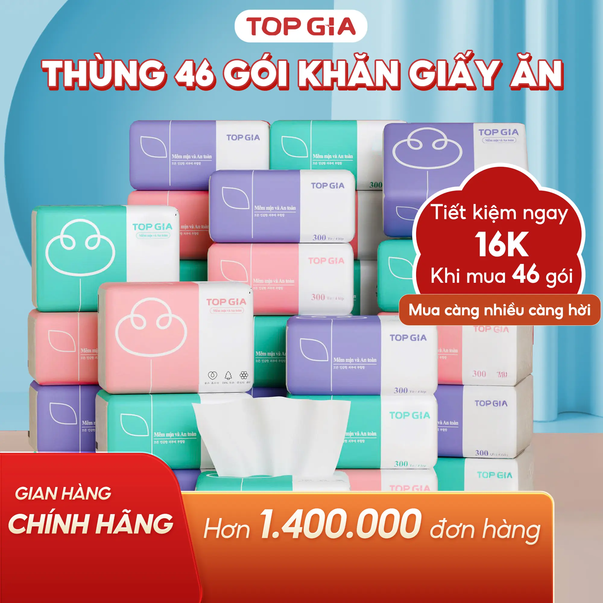 (HN_HCM) Giấy ăn Topgia 3 màu mềm mịn, khăn giấy rút bột gỗ nguyên chất, an toàn cho da, giấy ăn Giấy Vệ Sinh 4 lớp