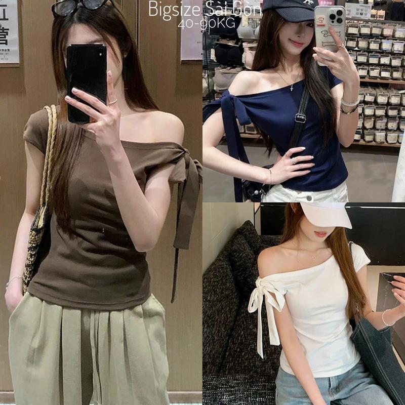 Thời Trang Bigsize Áo Thun Nữ Trễ Vai Phối Nơ Vải Borit Cotton Bigsize Từ 45 - 90Kg Dễ Thương Top Nữ Women - B.8051