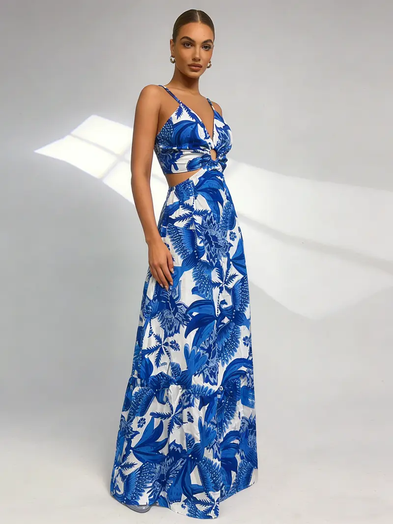 Product Introduction of Vestido LONGo nao bojo boêmia com estampa, recortes e estilo de férias 2