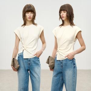 Pearl-Embellished Asymmetrical Flutter Sleeve T-Shirt