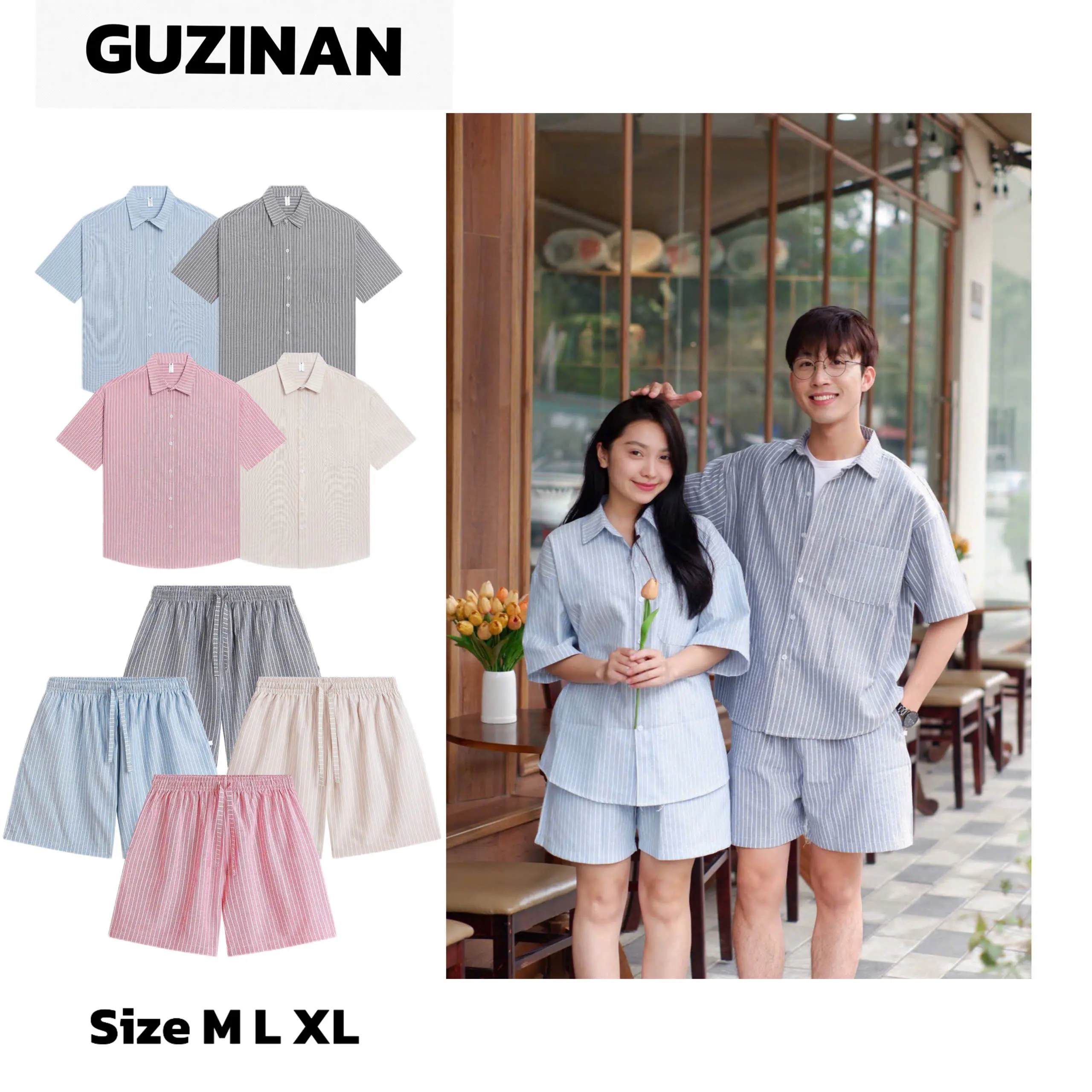 [GUZINAN] Bộ Sơ Mi Kẻ Cộc Tay Nam Nữ Chất Liệu Oxfost Basic Thoáng Mát Mùa Hè Thấm Hút Mồ Hôi
