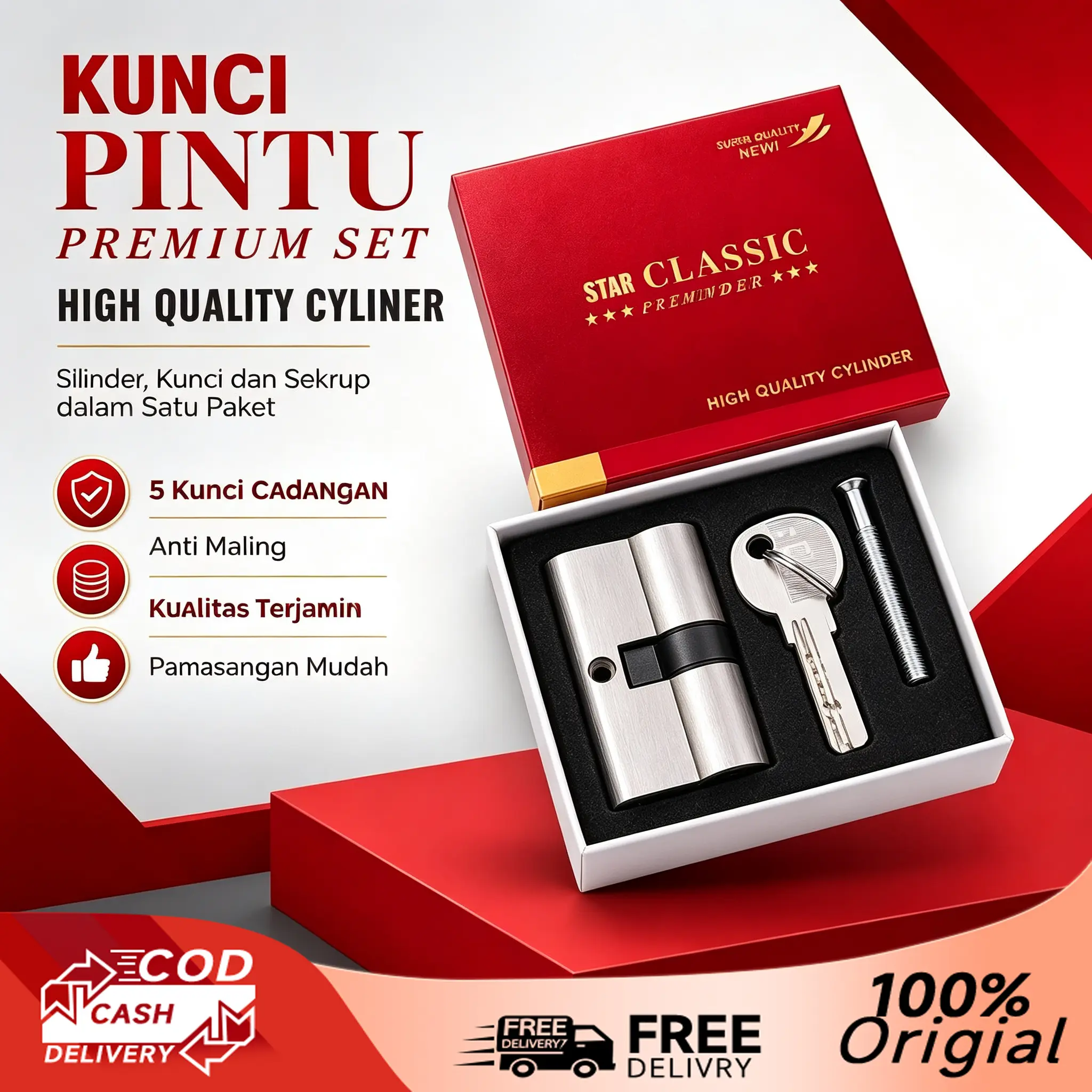 Star Classic Kunci Silinder Pintu Besar 60mm Set 5 Anak Kunci Keamanan Maksimal Anti Maling Bahan Kuningan & Zinc Alloy Kualitas Premium