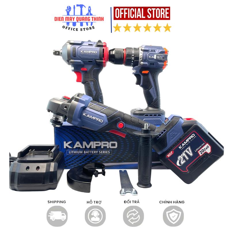  Combo KAMPRO Máy Mài K96100PRO Máy Siết Bulong K888  Máy Khoan 10Li K21pro  Kèm Pin 20Cell Sạc - Động Cơ Không Chổi Than Chân Pin Phổ Thông 