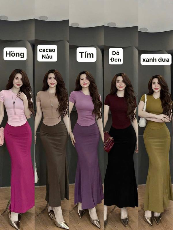 SM - Set áo cổ tròn tay ngắn vạt bầu kèm chân váy đuôi cá dáng dài thanh lịch tôn dáng - Thun gân lạnh AC741 Set bộ , Set nữ tôn dáng , Set chân váy , set bộ nữ , set đi biển , set váy