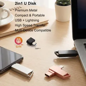 Flash Disk 2-in-1  metallic finish, compact and portable, USB + Lightning, high-speed data transfer, compatible with multiple devices, includes a Type-C adapter.