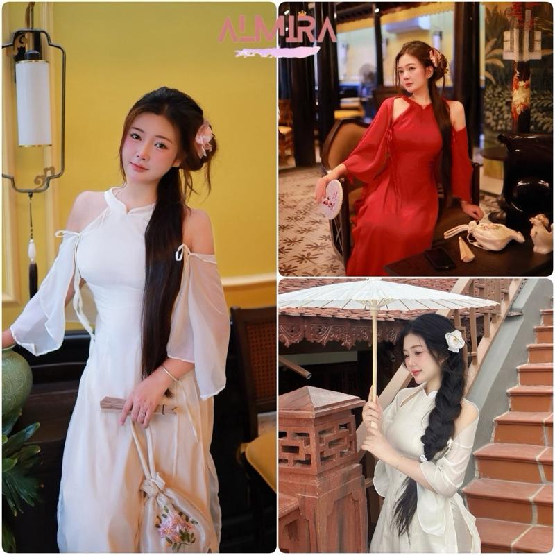 Set Áo Dài Cách Tân Cổ Yếm Phối Khăn Voan Thắt Dây Xinh Xắn Chất Tơ Mềm Mại Uyển Chuyển