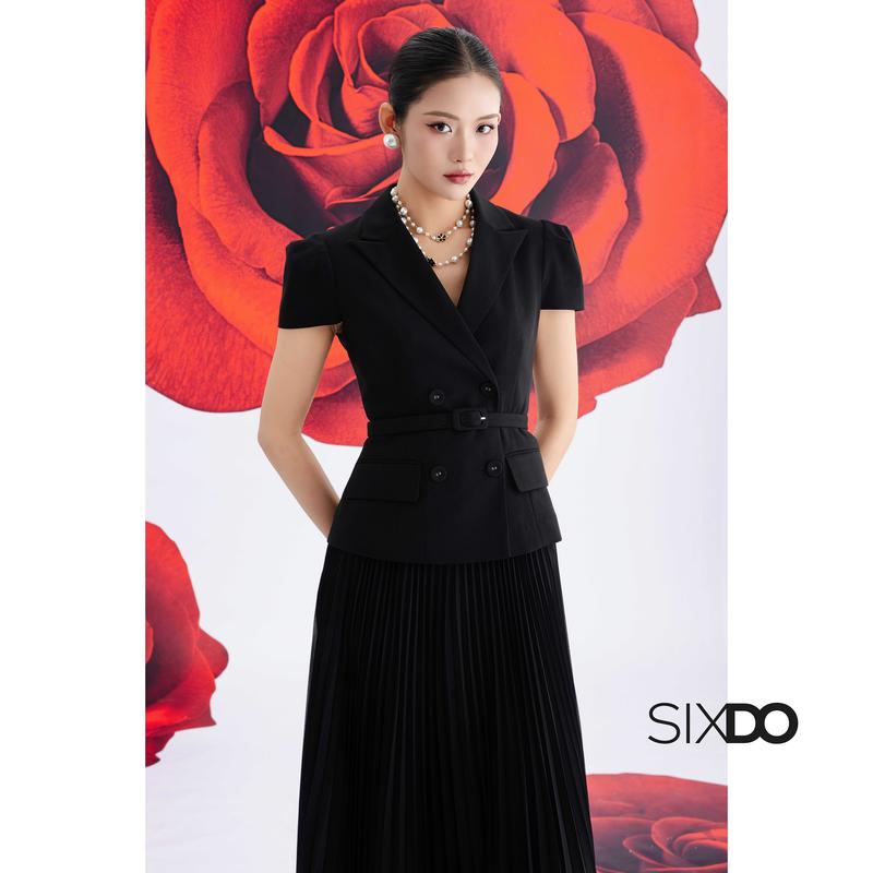 Áo vest nữ ngắn tay phối đai SIXDO (Black Short Sleeves Raw Vest)