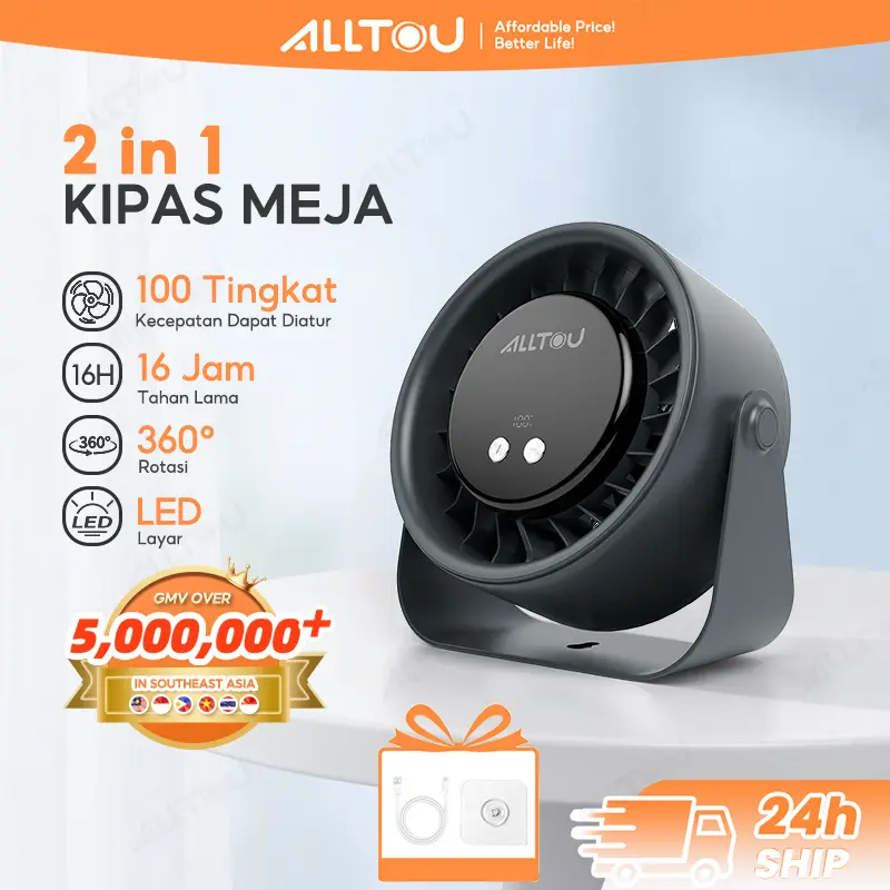 ALLTOU Kipas Meja 2 in 1 untuk Kos & Kantor – Baterai Besar 3500mAh, Tahan 16 Jam, 100 Level Kecepatan Angin, Angin Kencang, Mini & Senyap, Bisa Digantung atau Didirikan, Wajib Punya Buat Adem
