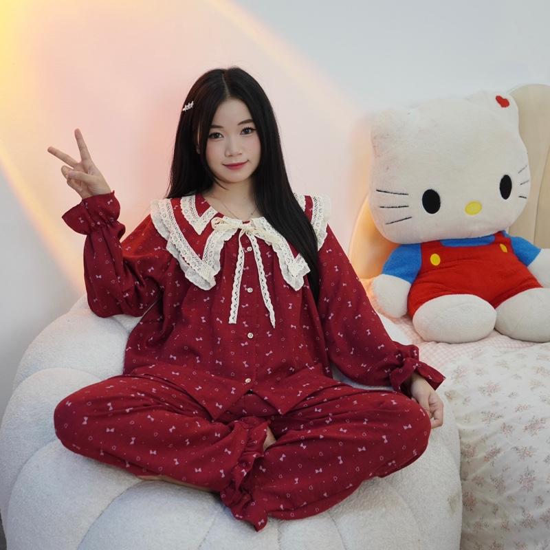  Đũi hàn dài tay bộ ngủ dài tay nữ tiểu thư cổ nhọn bèo vải đũi mùa thu đông mặc đi ngủ mát mẻ Women Quần Ngủ Áo Ngủ Cotton 