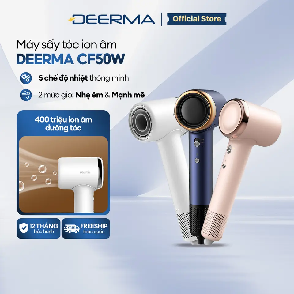 Máy sấy tóc tốc độ cao ion âm Deerma CF50W, kiểm soát nhiệt độ thông minh giúp tóc óng mượt mềm mại - Bảo hành 12 tháng