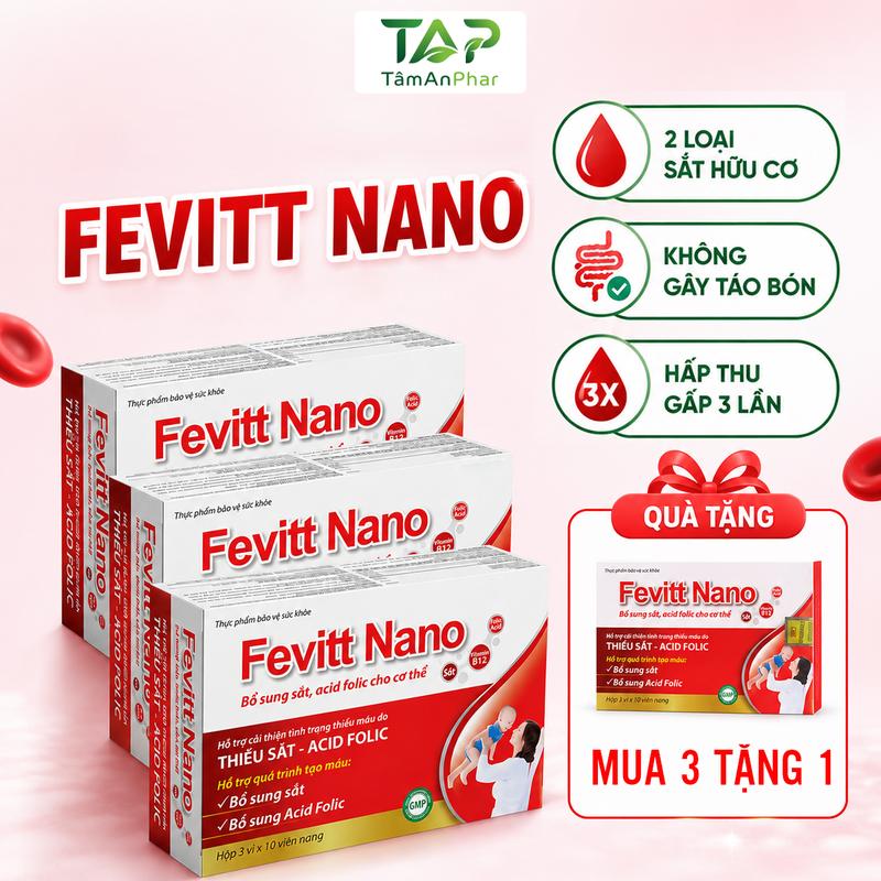 Viên uống bổ máu Fevitt Nano bổ sung Sắt hữu cơ, Acid Folic hỗ trợ giảm tình trạng thiếu máu, da xanh xao - hộp 30 viên
