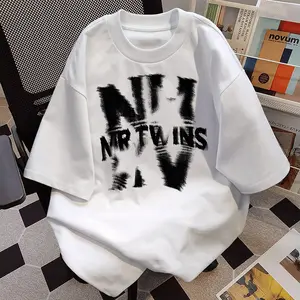 Kaos Oblong Lengan Pendek Oversize Bahan Katun Gaya Amerika dengan Desain Cetak Unik Pola Huruf Besar yang Kabur