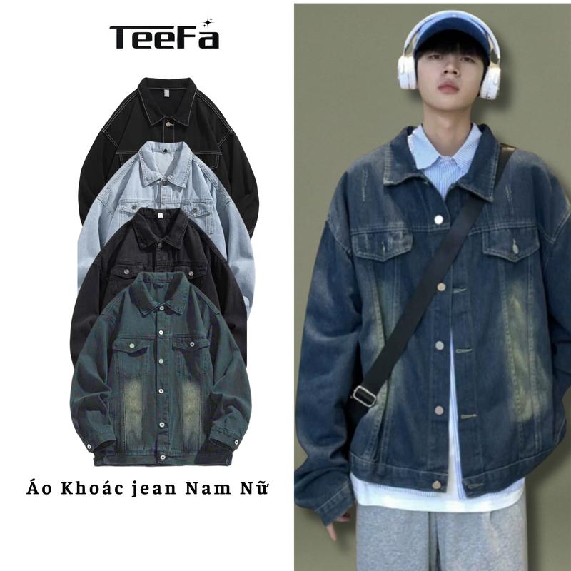 Áo Khoác Jean Basic Unisex phong cách Hàn Quốc , Áo Khoác Bò Nam TEEFA From Rộng Menswear Denim Jacket Màu Đen Nhung Có Cổ
