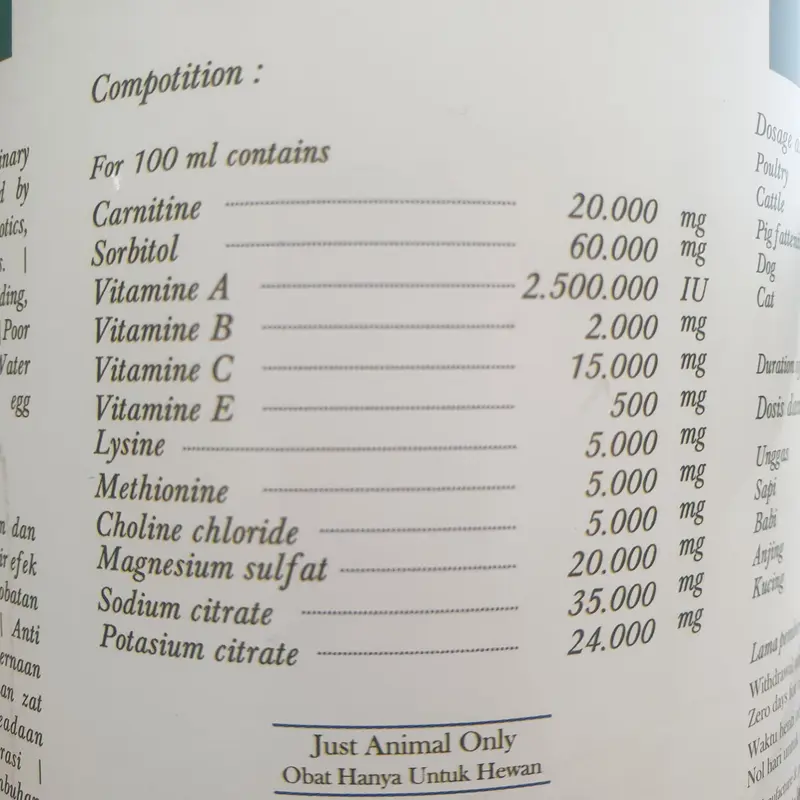 [VITAMIN UNGGAS, SAPI, BABI, ANJING, DAN KUCING] BENNEFIT PLUS 1 LITER 4