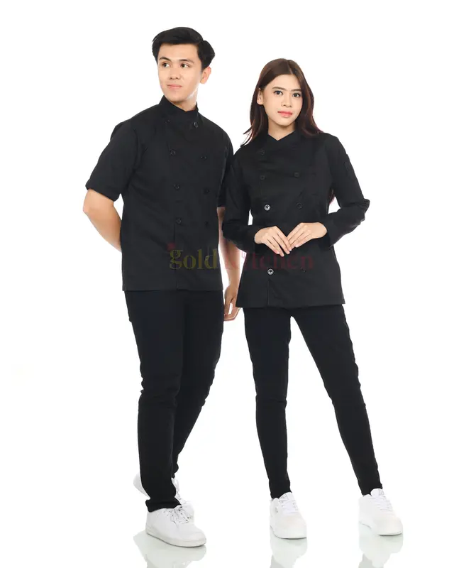 Baju Koki Chef Jacket Seragam Kerja Pria Wanita Lengan Panjang Pendek Model Mandarin Bahan Drill Merk Gold Kitchen Hitam Safety Bordir 0