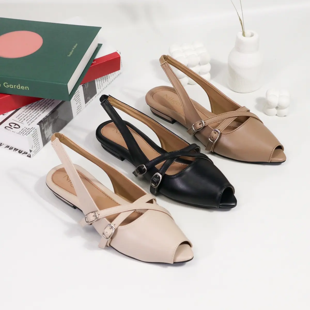Niigel Starla Sendal Mules Wanita Niigel Model Runcing Hak 2 cm Tali Silang Sol Karet Premium Shoes Perempuan Flat Cewek