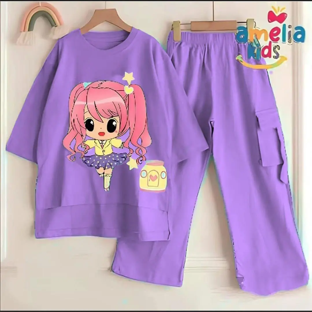 Set Anak Perempuan Mariana Terbaru dengan Celana Cargo dan Baju Motif Sablon Lucu - Fashion Pakaian Setelan