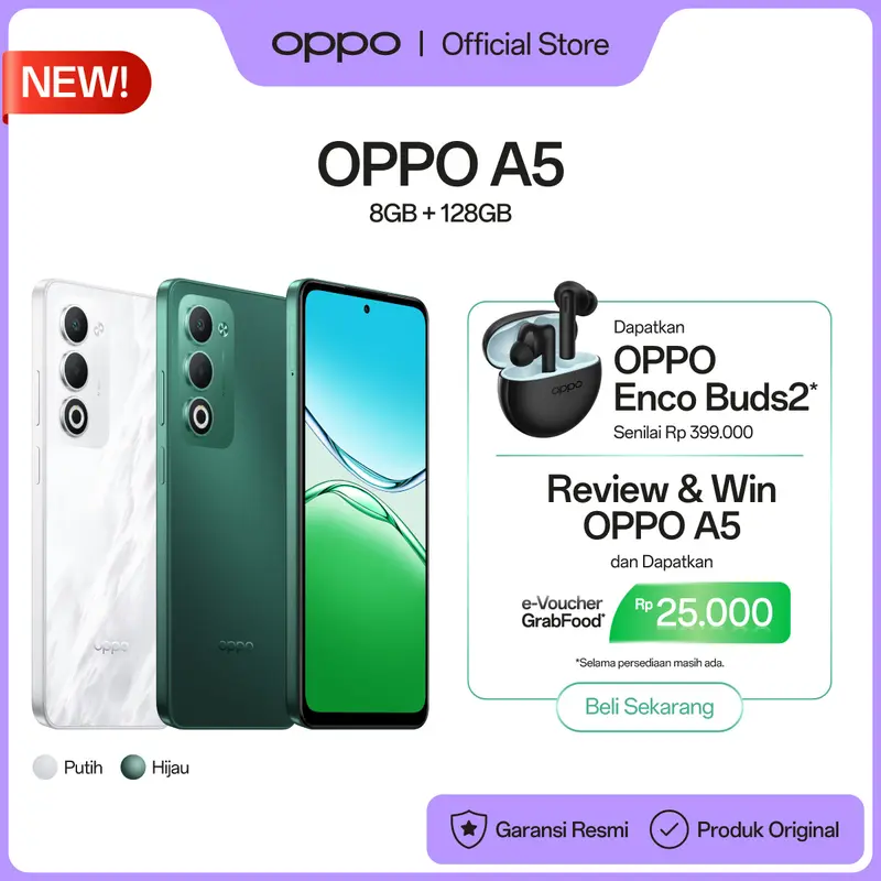 [KOHCUN APPROVED] OPPO A5 8GB+128GB [IP65, Snapdragon 6s Gen190 Hz, 6000 mAh]- Oppo Official Store 0