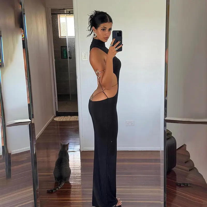 Đầm Dài Nữ, YY24070MHO, Hở Lưng, Cổ lọ thấp, Phong Cách Bodycon, Đầm Maxi, Với Thiết Kế Thắt Nơ