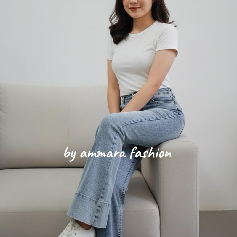 By Ammara Fashion - High Waist Jennie Cutbray Jeans Wanita Premium High Waist Lipatan Kaki Besar Bahan Streach Nyaman Untuk Ootd Size 27-34