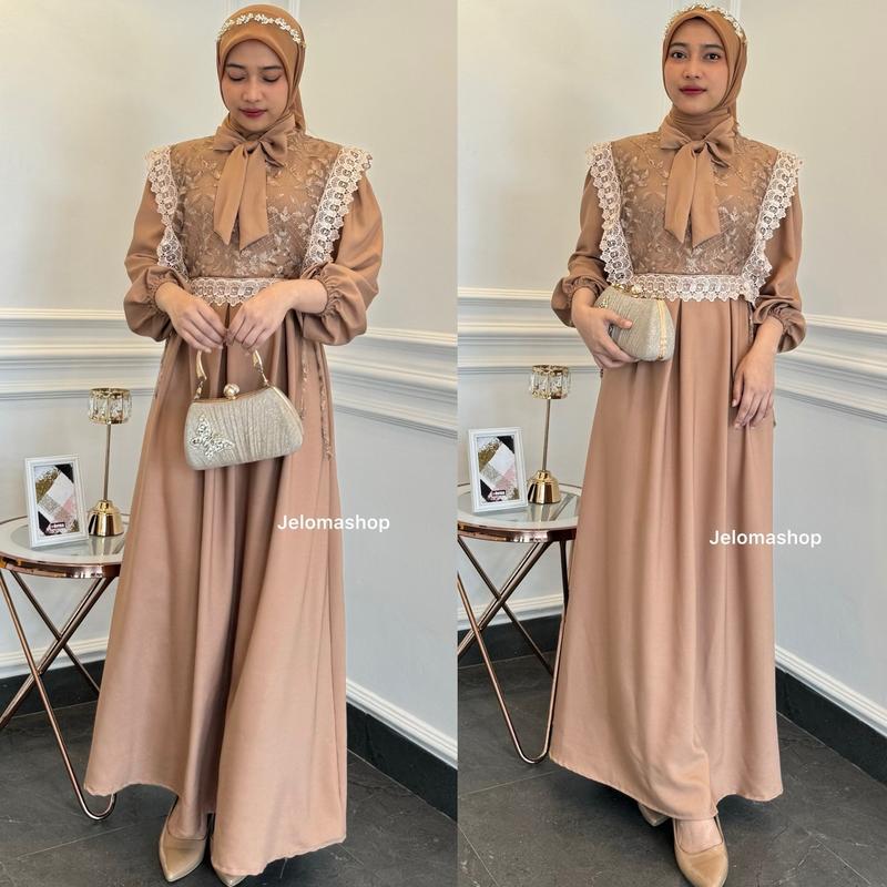 Dress Muslimah LOLI Wanita Model Rompi Tille Bordir dengan Leher Pita dan Lengan Karet - Fit Menyusui Cantik 3
